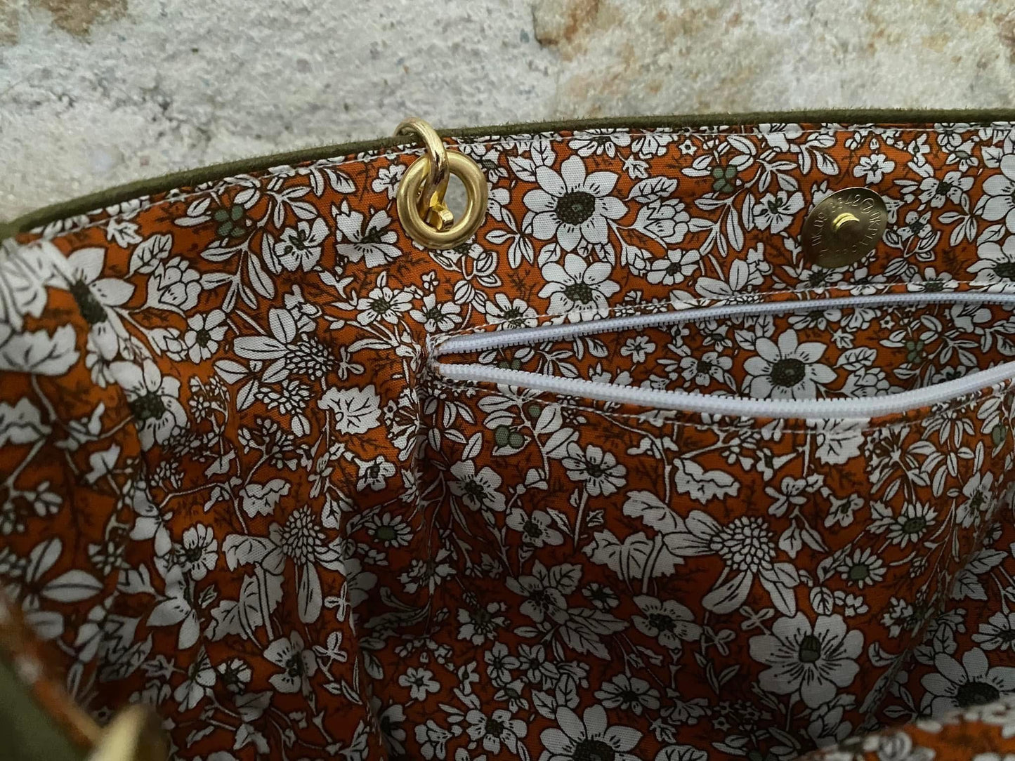 Sac cabas kaki intérieur fleuri doré